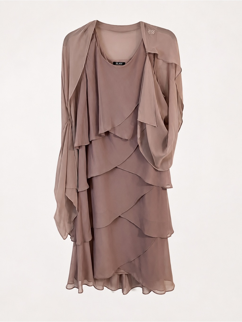 SLNY Taupe Tiered Chiffon Dress with Draped Overlay